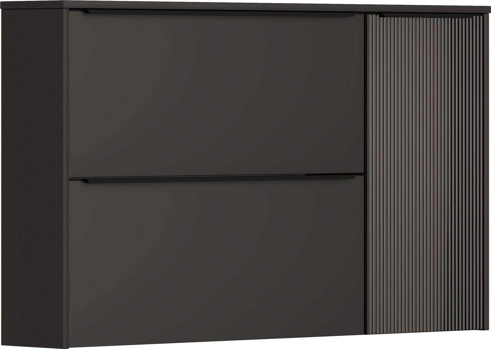 Moderner Hängeschuhschrank in dunklem Design mit zwei Klappen und einer geriffelten Tür, Frontalansicht