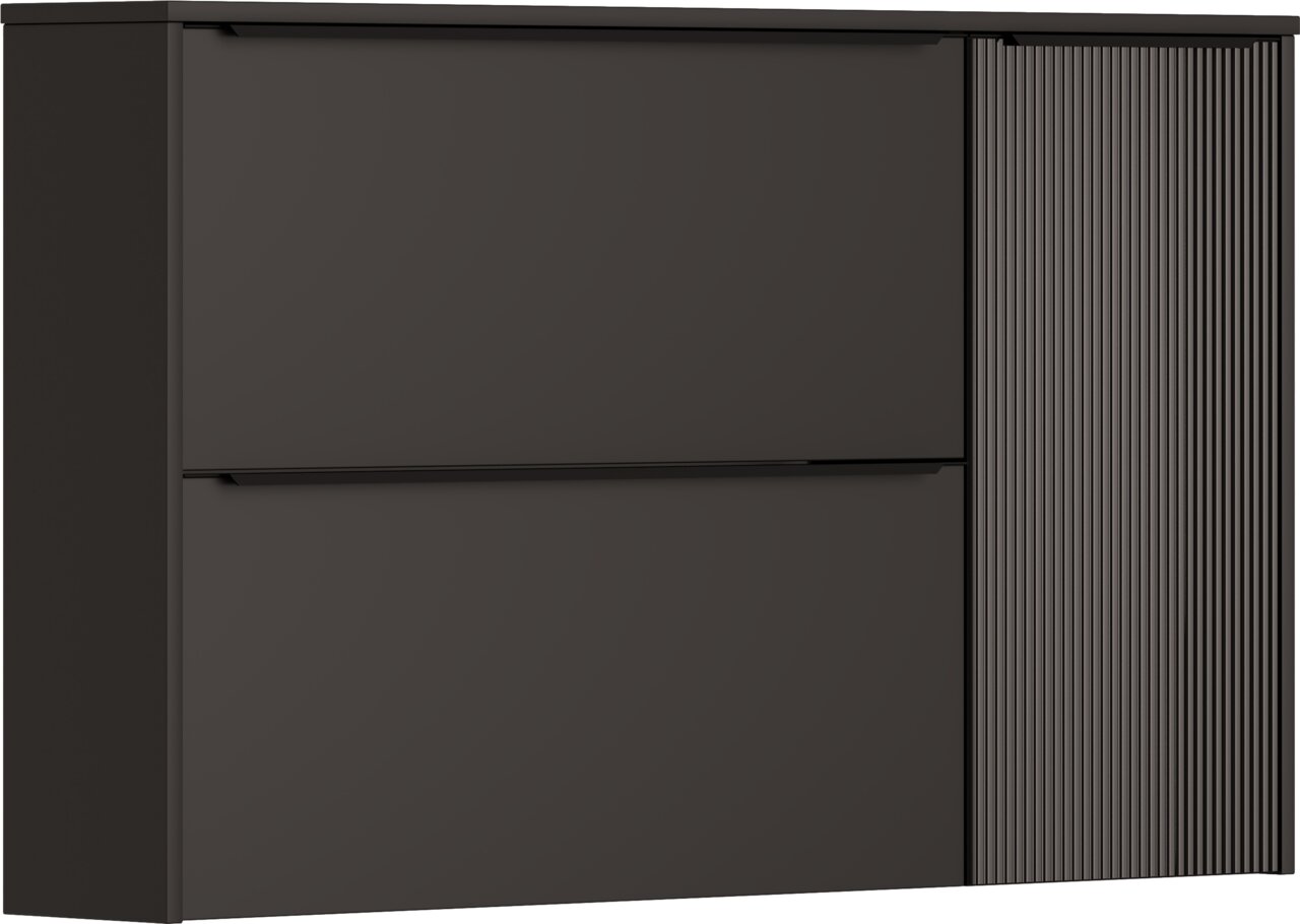 Moderner Hängeschuhschrank in dunklem Design mit zwei Klappen und einer geriffelten Tür, Frontalansicht