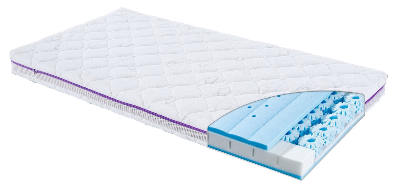 Matras van 60 x 120 cm met zichtbare doorsnede, waarop de verschillende lagen en materialen te zien zijn, gezien vanuit een schuine hoek van bovenaf.