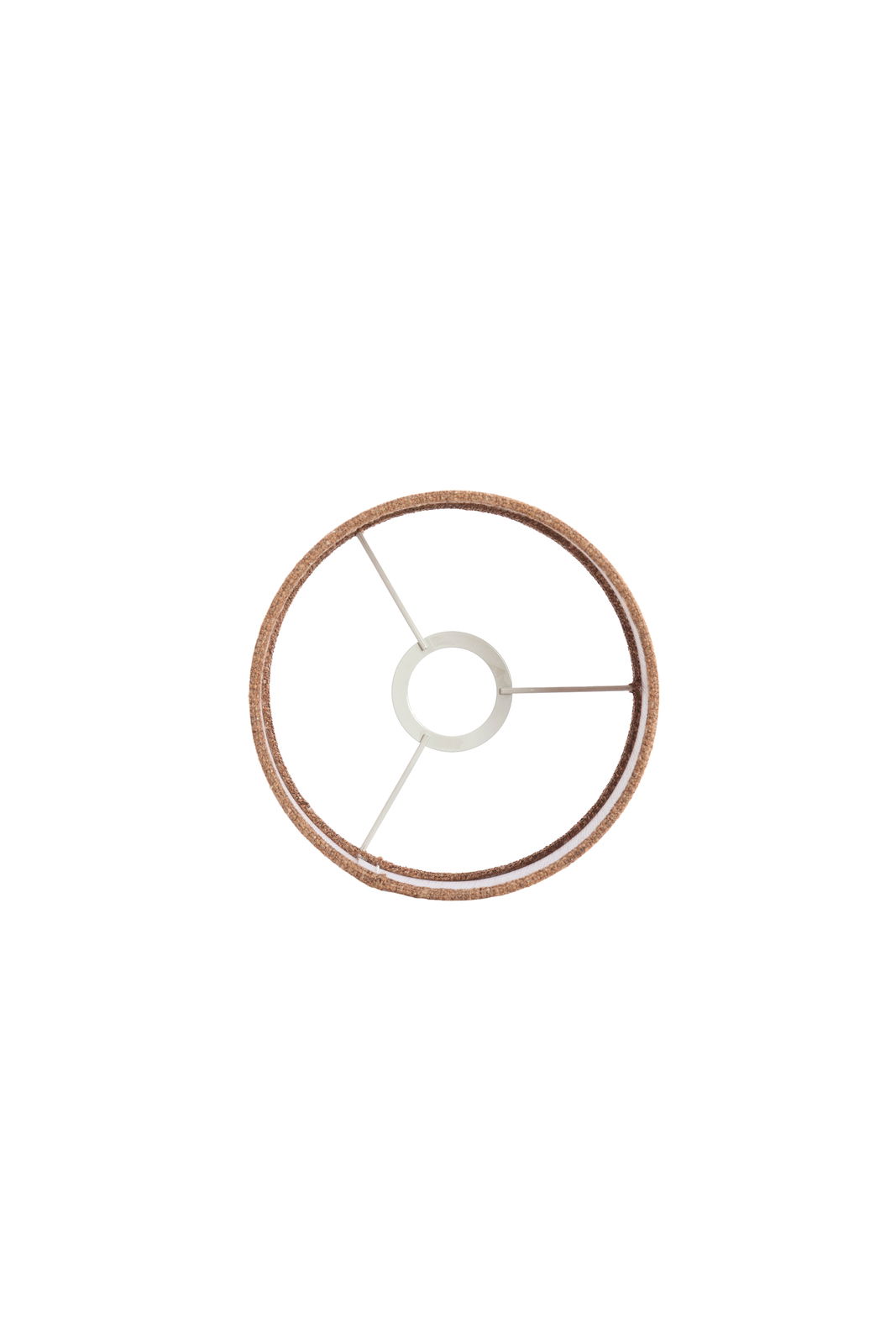 Draufsicht auf einen runden Lampenschirm mit Metallstreben und braunem Rand.