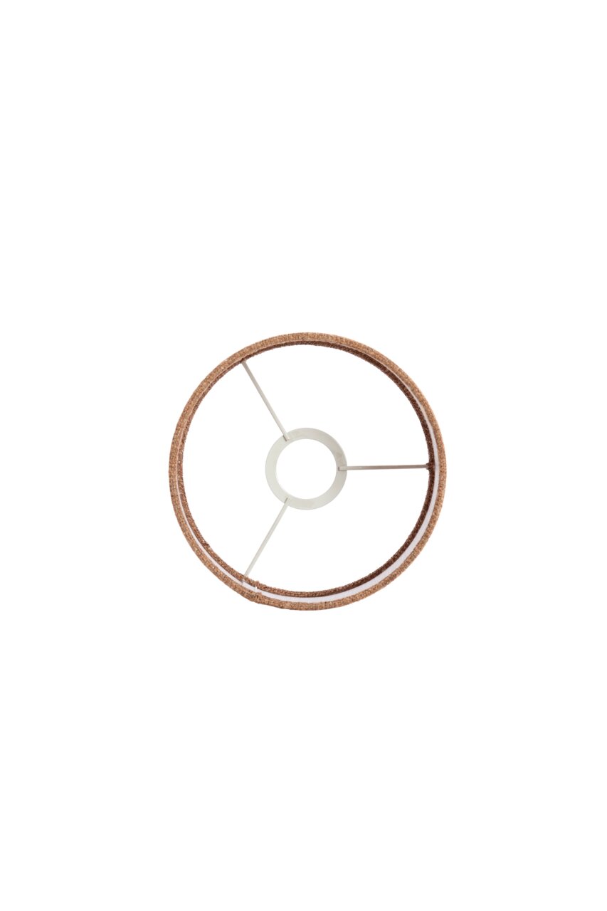 Draufsicht auf einen runden Lampenschirm mit Metallstreben und braunem Rand.