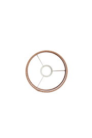 Draufsicht auf einen runden Lampenschirm mit Metallstreben und braunem Rand.