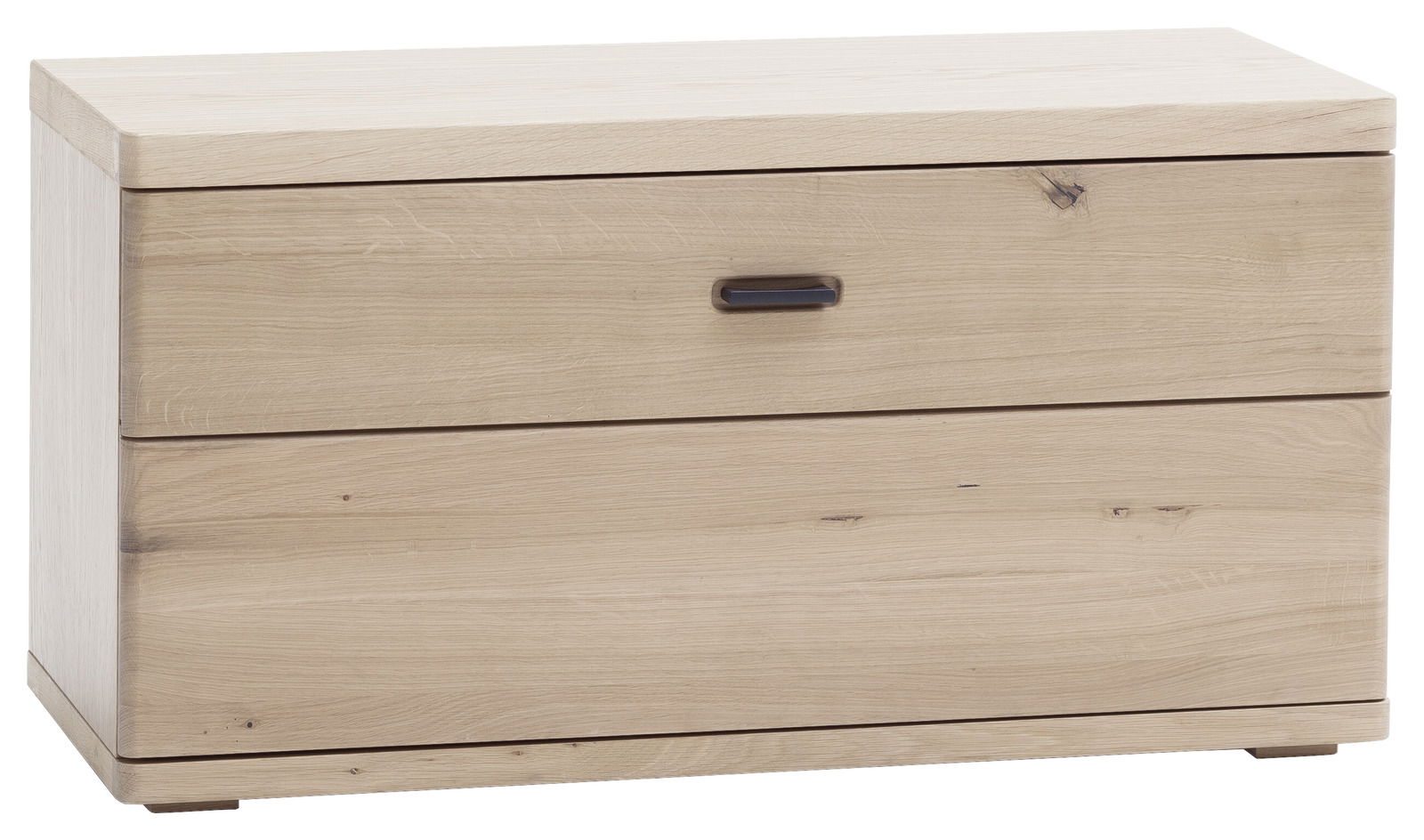 Garderobenbank aus hellem Holz mit einer Schublade, frontal fotografiert