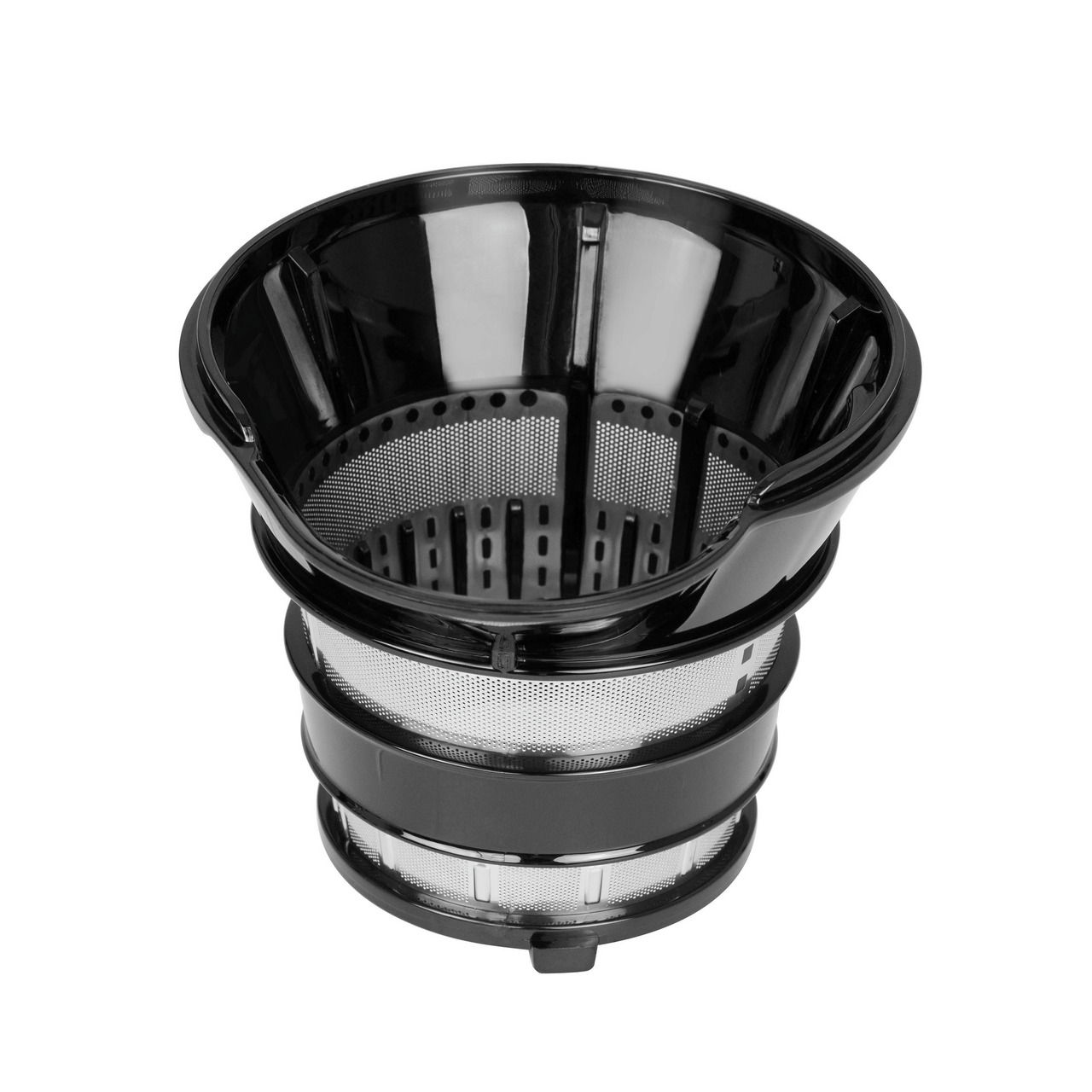 Nahaufnahme eines schwarzen Siebs für einen Slow Juicer, von oben betrachtet.