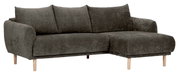Graues Ecksofa mit Ottomane rechts, aus Stoff, auf Holzfüßen, Perspektive von vorne links