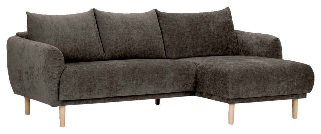 Graues Ecksofa mit Ottomane rechts, aus Stoff, auf Holzfüßen, Perspektive von vorne links