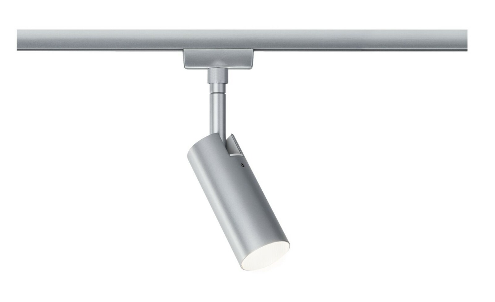 Silberner Schienenspot Tubo, seitliche Perspektive, montiert an einer Schiene