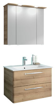 Moderner Badblock mit Holzoptik und Spiegelschrank, Frontansicht