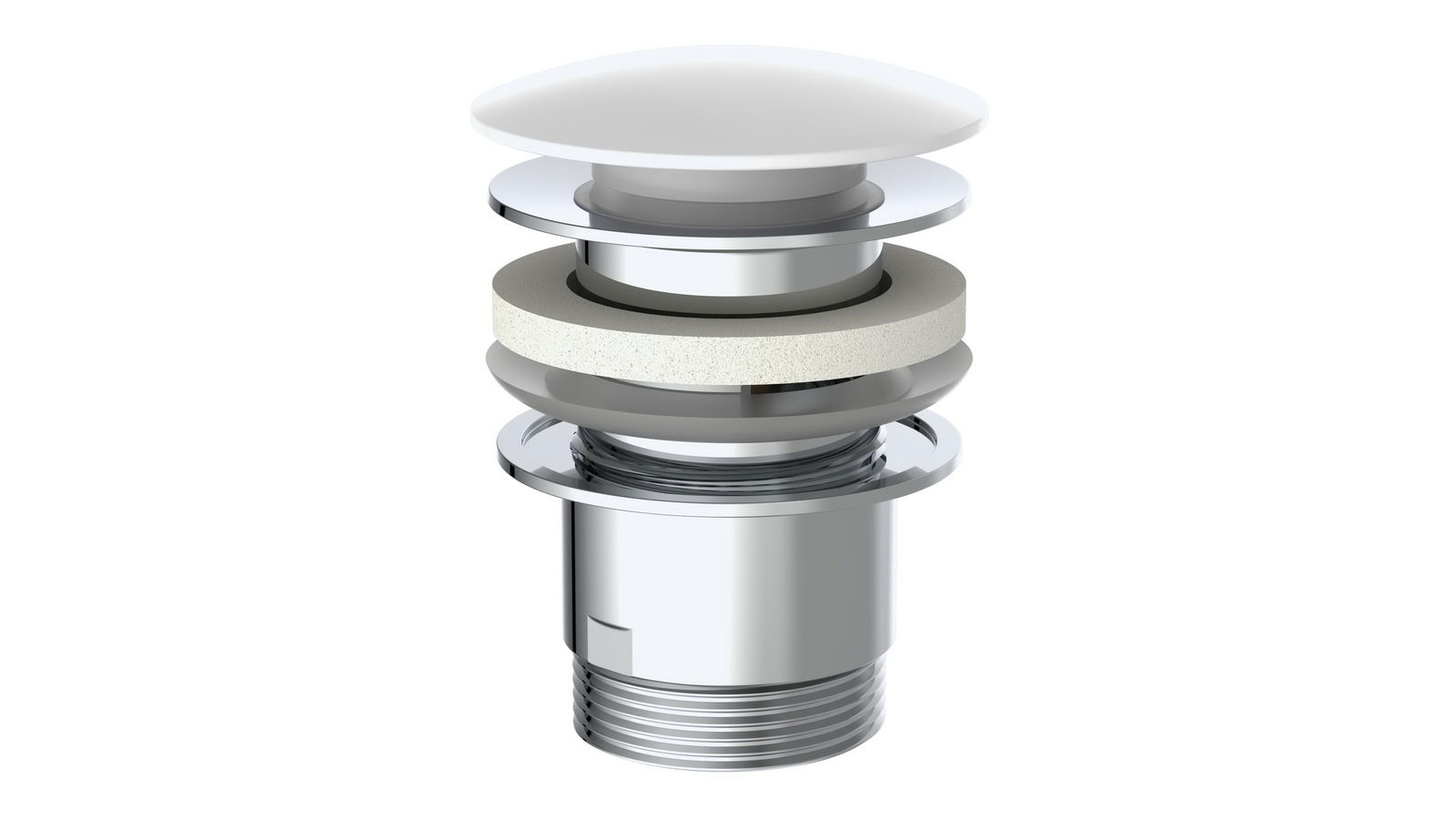 Design-Ablaufventil in seitlicher Perspektive, bestehend aus mehreren Schichten aus Metall und Kunststoff.