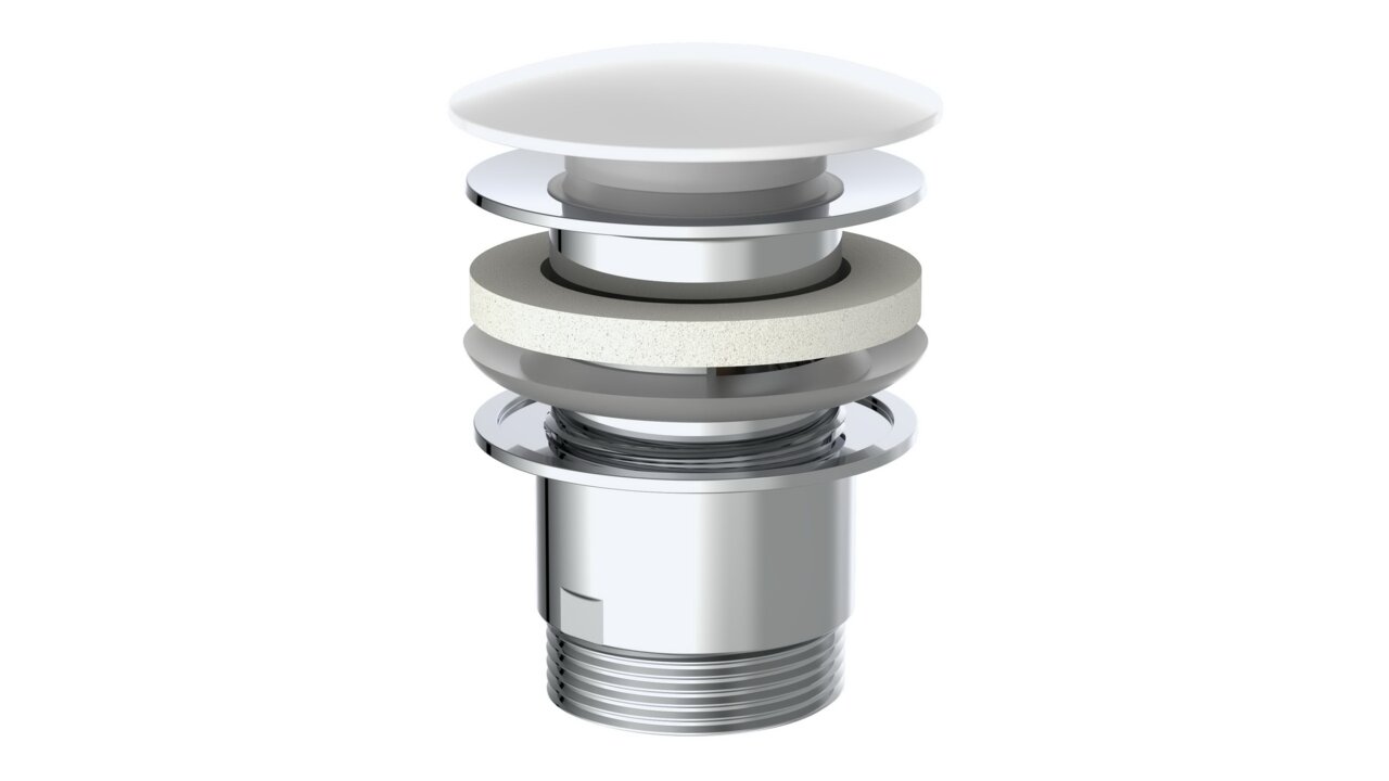 Design-Ablaufventil in seitlicher Perspektive, bestehend aus mehreren Schichten aus Metall und Kunststoff.