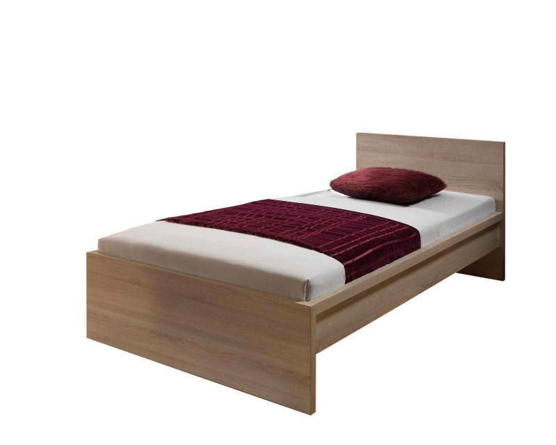 Einzelbett aus Holz mit Kopfteil, weißer Matratze und weinroter Decke, seitliche Perspektive