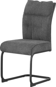 Gepolsterter Freischwinger-Stuhl mit dunkelgrauem Stoffbezug und schwarzem Metallgestell, schräg von vorne links fotografiert.
