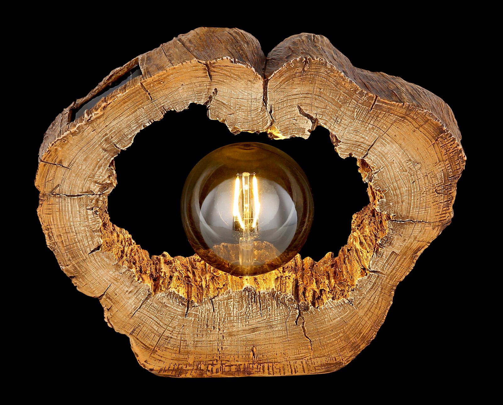 Solarleuchte in Holzoptik mit sichtbarem Leuchtmittel, frontal betrachtet.
