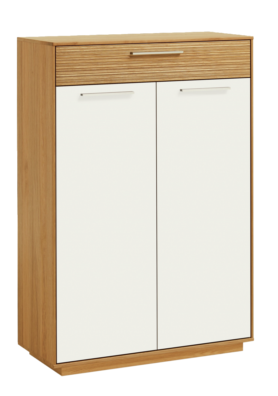 VOSS Schuhkommode LOVENO Schuhkommode aus Holz mit zwei weißen Türen und einer Schublade, Perspektive von vorne links