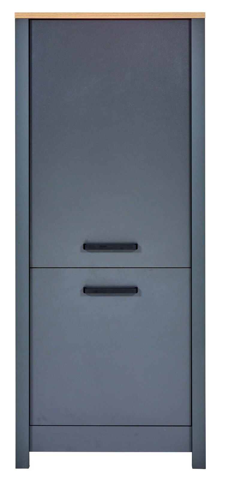 Grauer Kühlschrank-Umbau oder Vorratsschrank mit zwei Türen, frontal betrachtet