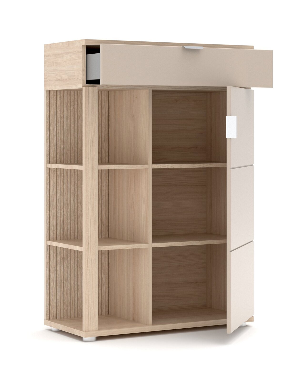 Garderoben-Set 5-tlg. BASEL in hellem Holz mit offenen Fächern und einer Schublade, Perspektive von vorne links