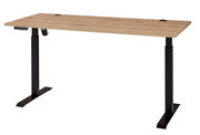 Elektrisch höhenverstellbarer Schreibtisch aus Melamin mit schwarzem Gestell und Holzoptik-Tischplatte, seitliche Perspektive