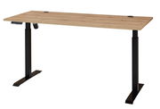 Elektrisch höhenverstellbarer Schreibtisch aus Melamin mit schwarzem Gestell und Holzoptik-Tischplatte, seitliche Perspektive