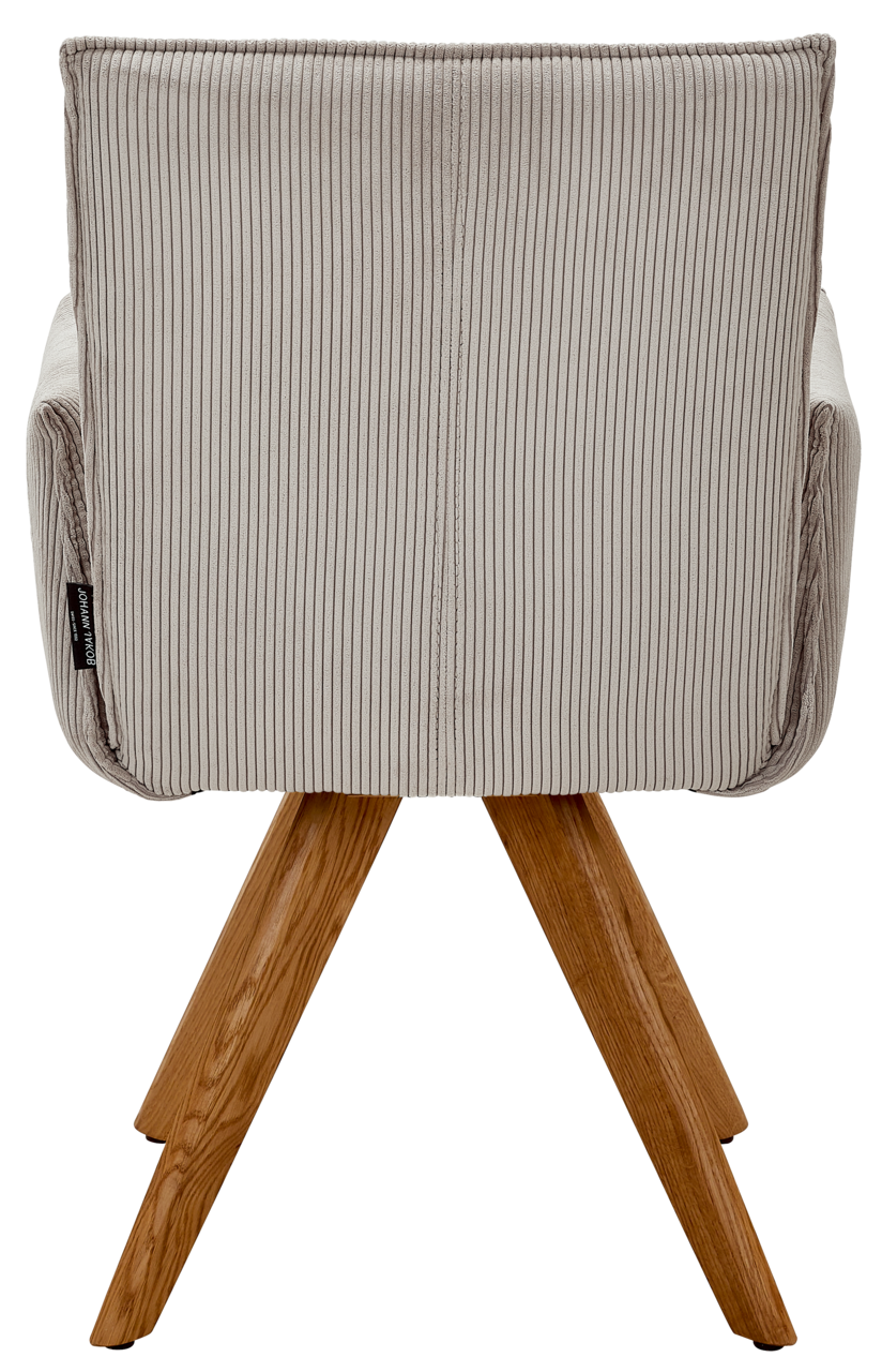 Johann Jakob Armlehnstuhl CALAS Rückansicht eines Armlehnstuhls mit gestreiftem Stoffbezug und Holzbeinen