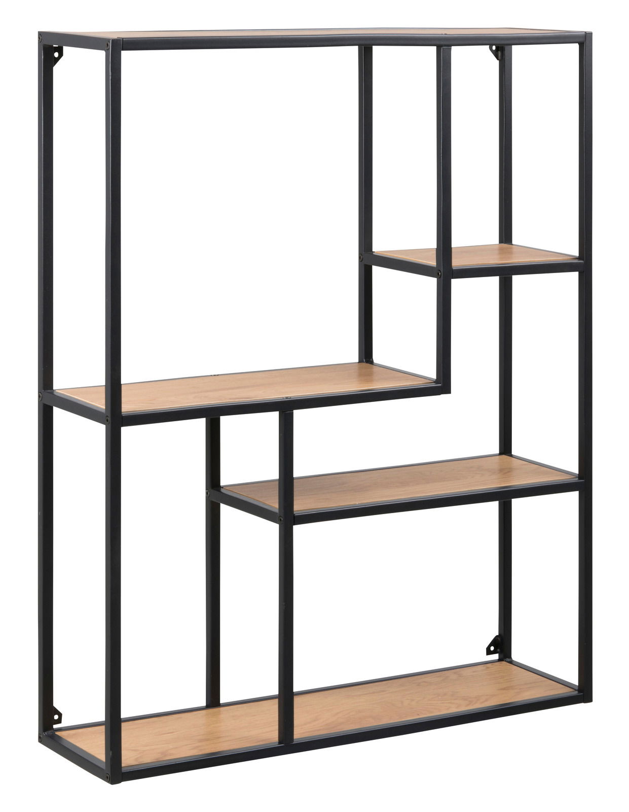 Modernes Wandregal mit schwarzem Metallrahmen und Holzregalböden, seitliche Perspektive