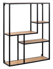 Modernes Wandregal mit schwarzem Metallrahmen und Holzregalböden, seitliche Perspektive