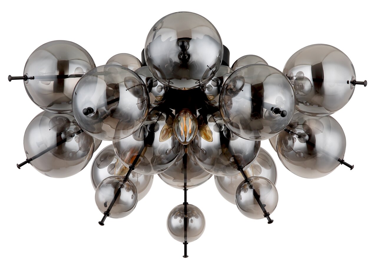 Moderne Deckenleuchte mit mehreren rauchgrauen Glaskugeln, Ansicht von unten.