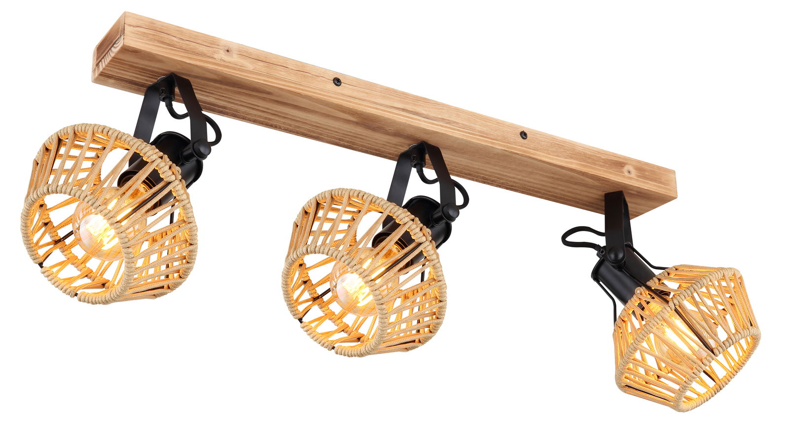 Dreifacher Deckenstrahler VALLI mit Holzleiste und geflochtenen Lampenschirmen aus Rattan, seitliche Perspektive
