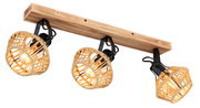 Dreifacher Deckenstrahler VALLI mit Holzleiste und geflochtenen Lampenschirmen aus Rattan, seitliche Perspektive