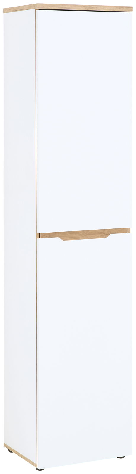 Voleo Aktenschrank schmal DETROIT Schmaler weißer Aktenschrank mit Holzdetails, frontal fotografiert