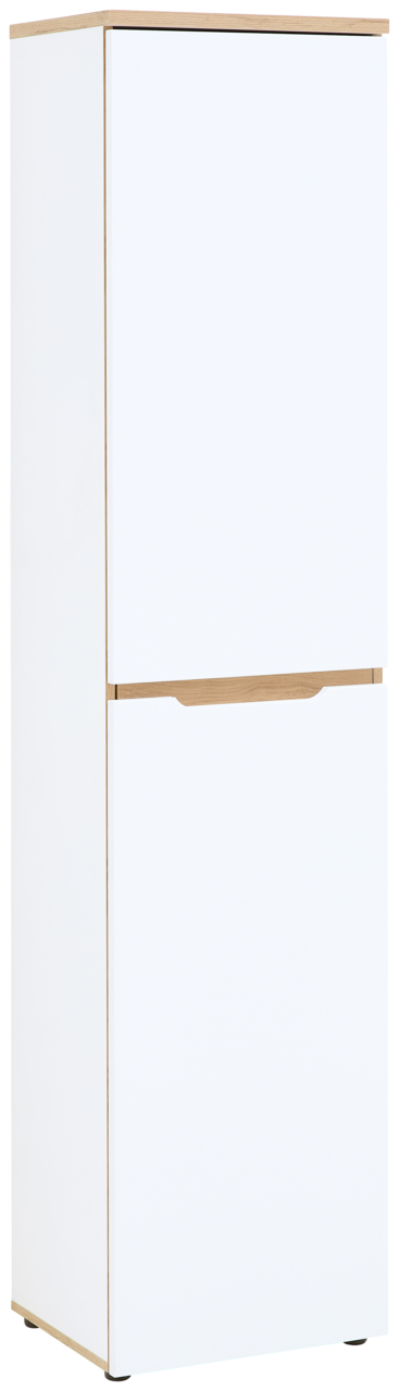 Voleo Aktenschrank schmal DETROIT Schmaler weißer Aktenschrank mit Holzdetails, frontal fotografiert