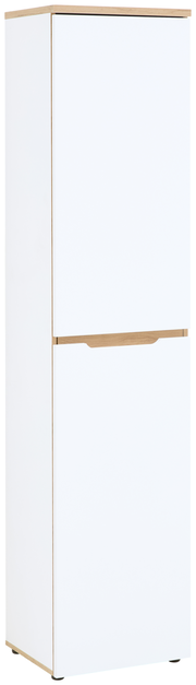 Schmaler weißer Aktenschrank mit Holzdetails, frontal fotografiert