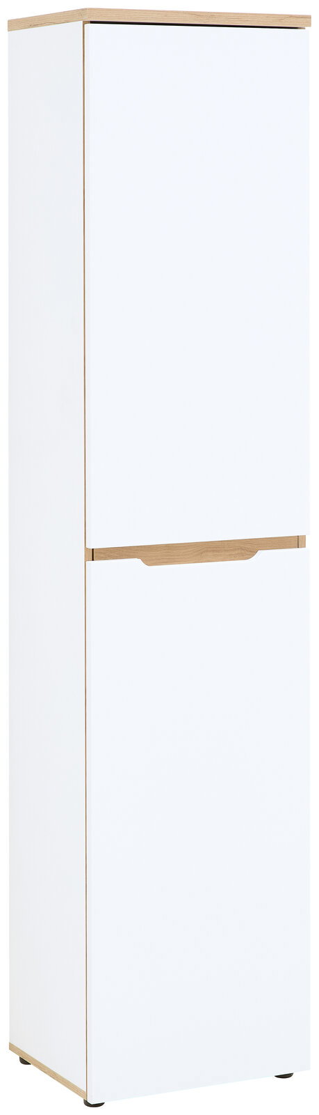 Voleo Aktenschrank schmal DETROIT Schmaler weißer Aktenschrank mit Holzdetails, frontal fotografiert