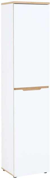Schmaler weißer Aktenschrank mit Holzdetails, frontal fotografiert