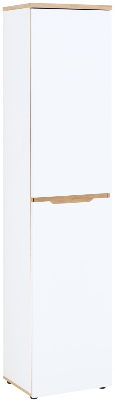 Schmaler weißer Aktenschrank mit Holzdetails, frontal fotografiert