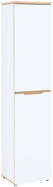 Schmaler weißer Aktenschrank mit Holzdetails, frontal fotografiert