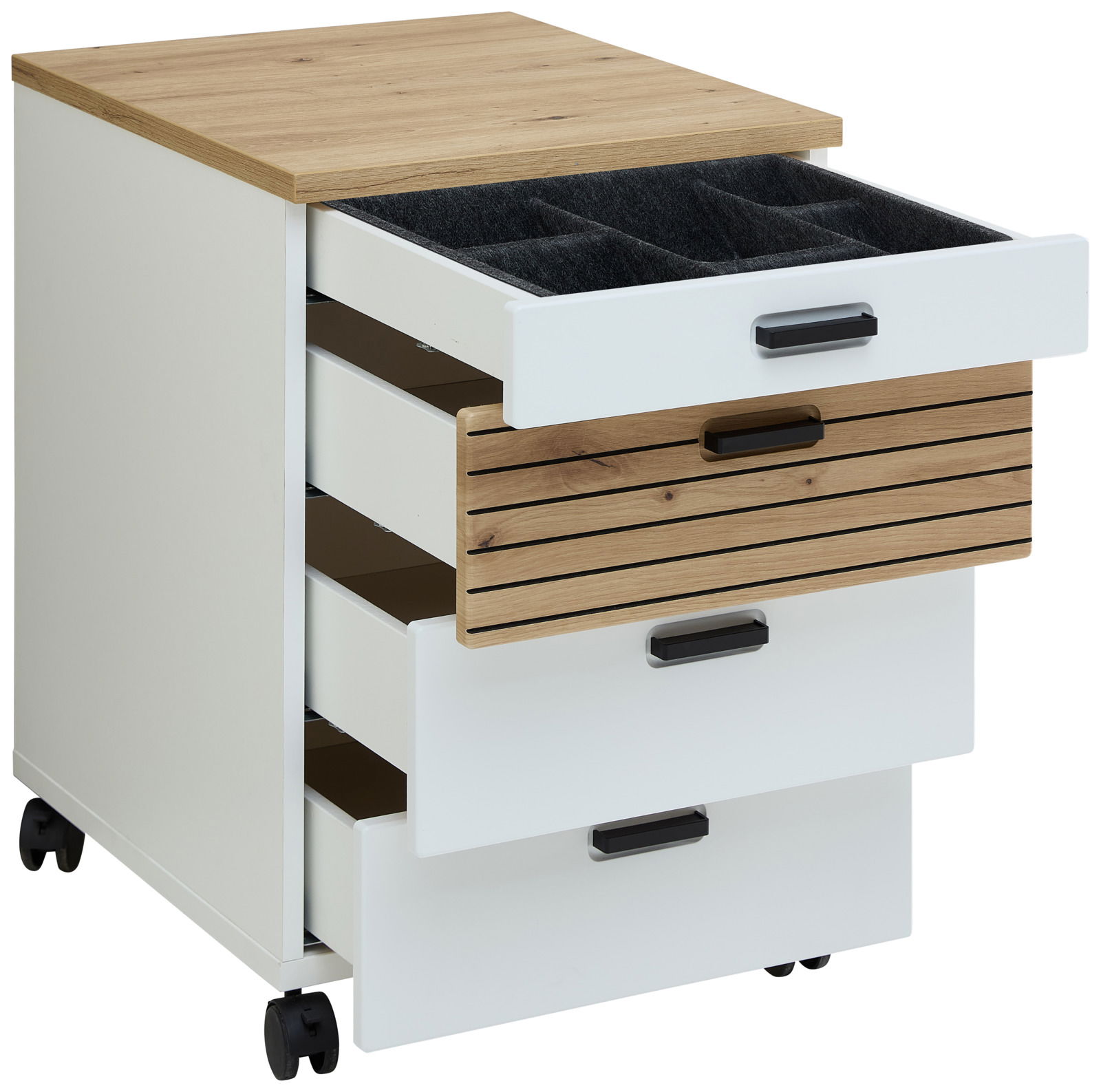 Rollcontainer mit vier Schubladen, teilweise geöffnet, in Holz- und Weißoptik, auf Rollen, Perspektive von vorne links