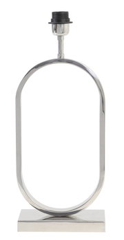 Moderner, ovaler Lampenfuß aus Metall in Silberoptik, frontal abgebildet.