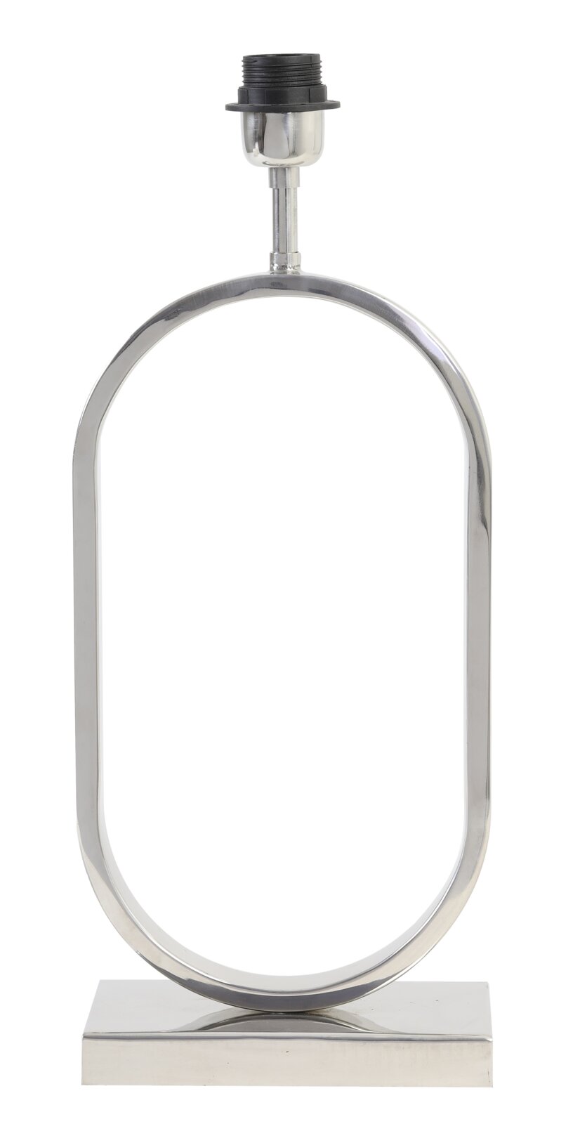 Moderner, ovaler Lampenfuß aus Metall in Silberoptik, frontal abgebildet.