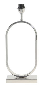 Moderner, ovaler Lampenfuß aus Metall in Silberoptik, frontal abgebildet.