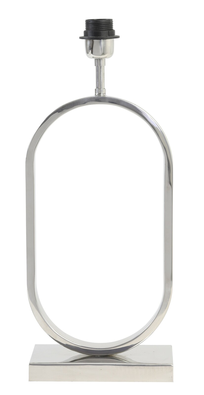 Moderner, ovaler Lampenfuß aus Metall in Silberoptik, frontal abgebildet.