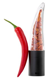 Chilischneider PEP Geschenkset mit roter Chilischote und transparentem Behälter, seitliche Ansicht