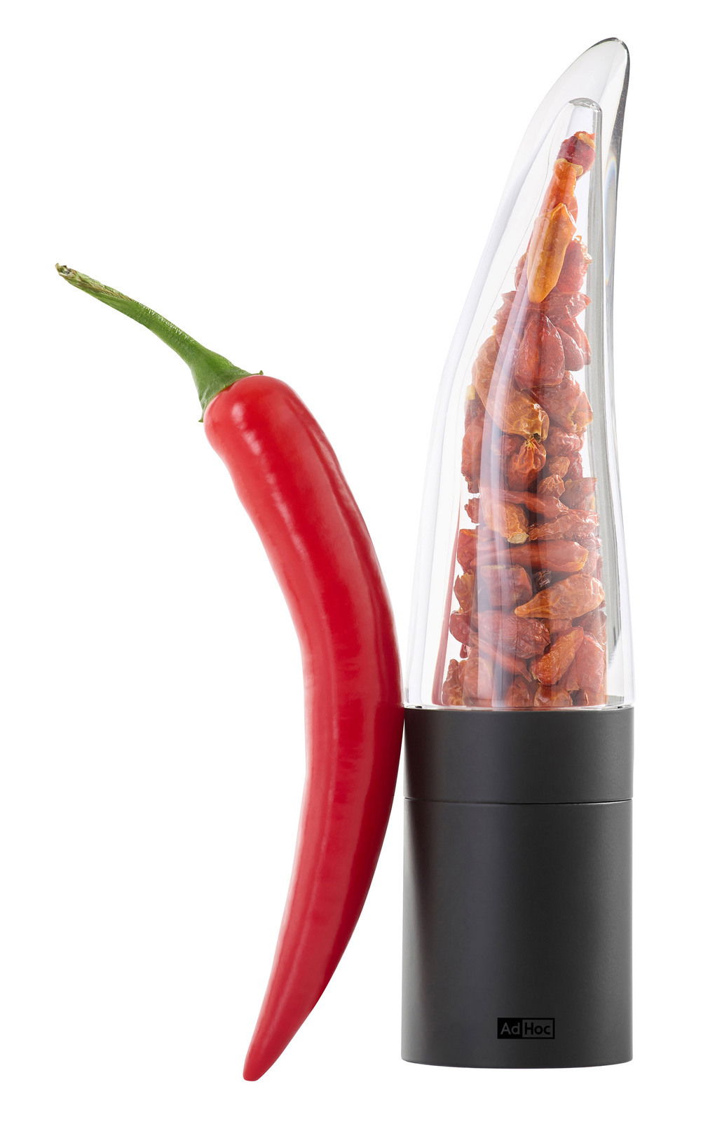 Chilischneider PEP Geschenkset mit roter Chilischote und transparentem Behälter, seitliche Ansicht