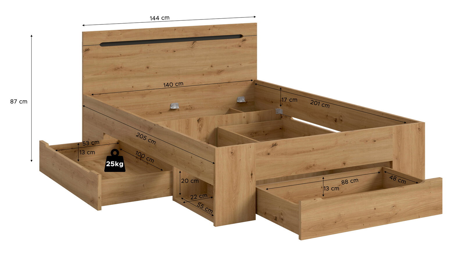 Massives Holzbettgestell in Eiche-Optik mit hohem Kopfteil und zwei ausgezogenen Bettkästen, Maßangaben und 25-kg-Belastungshinweis eingeblendet, dargestellt in schräger Vorderansicht (3/4-Perspektive) von links.