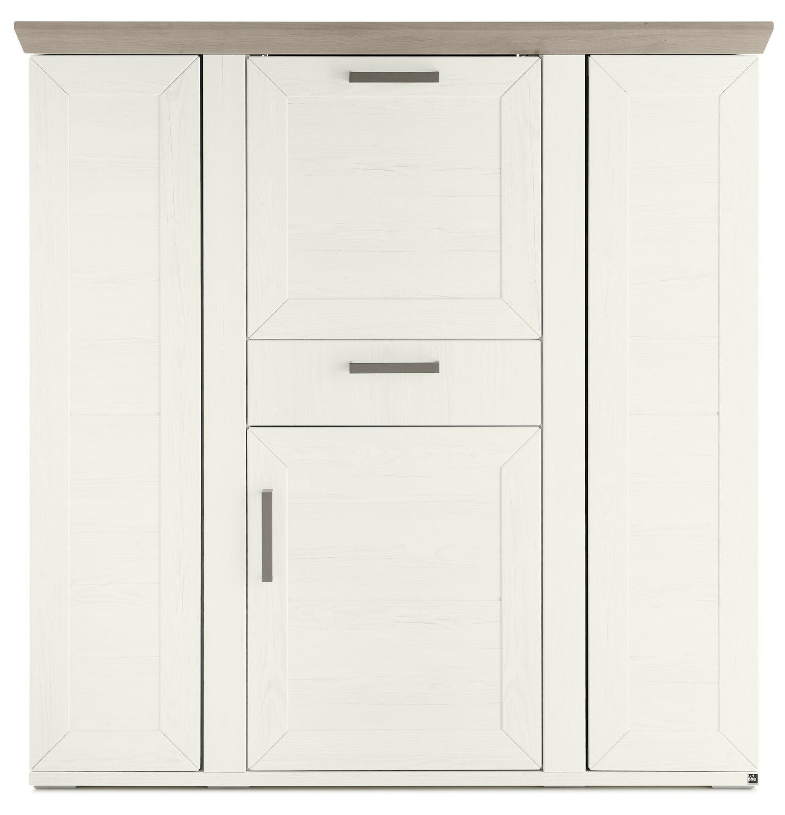 Frontansicht eines weißen Highboards mit Karussell, zwei Türen und einer Schublade, moderne Griffe, Holzoptik.