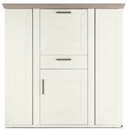 Frontansicht eines weißen Highboards mit Karussell, zwei Türen und einer Schublade, moderne Griffe, Holzoptik.