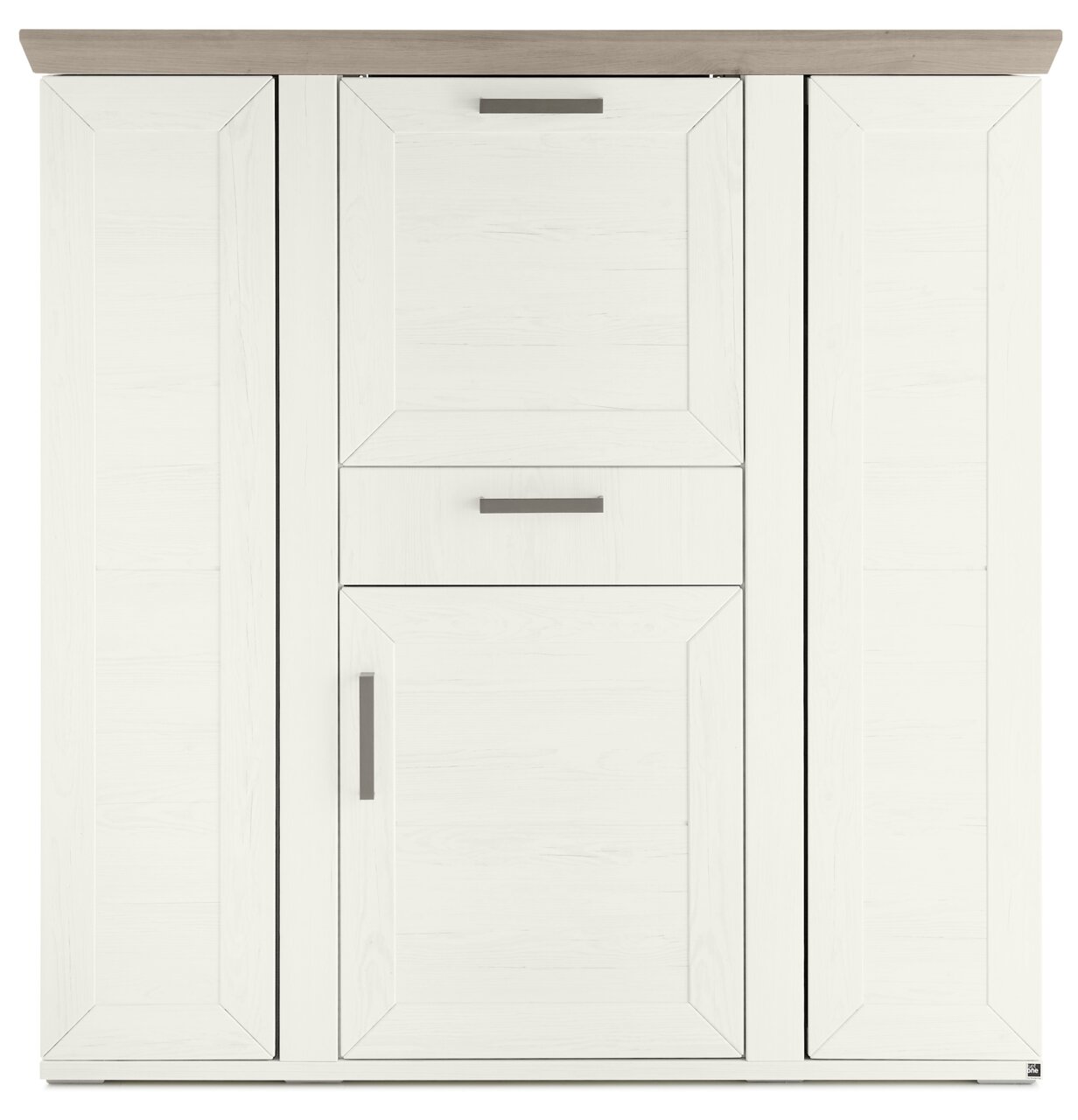 Frontansicht eines weißen Highboards mit Karussell, zwei Türen und einer Schublade, moderne Griffe, Holzoptik.