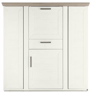 Frontansicht eines weißen Highboards mit Karussell, zwei Türen und einer Schublade, moderne Griffe, Holzoptik.