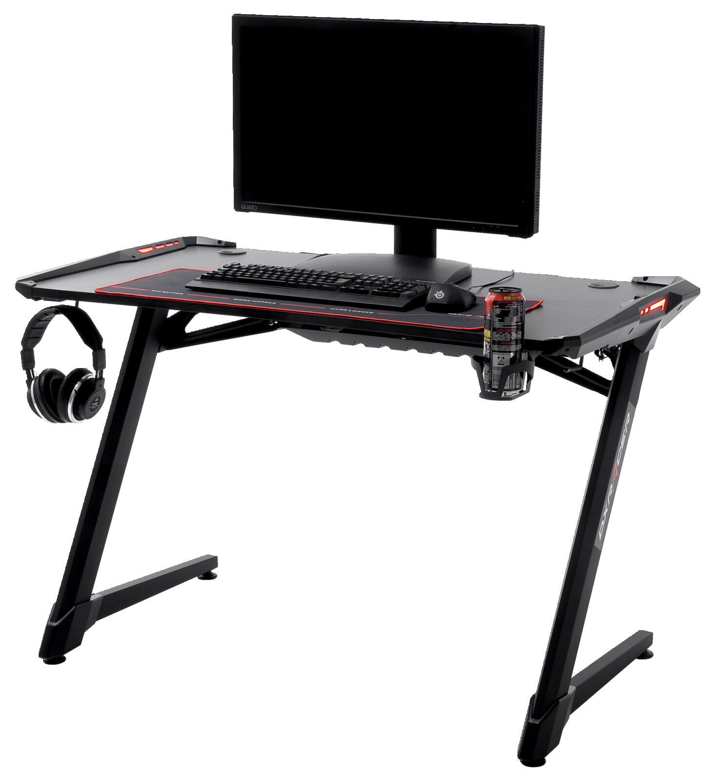 Gaming-Tisch mit Monitor, Tastatur, Maus, Kopfhörer und Getränkedose, seitliche Perspektive