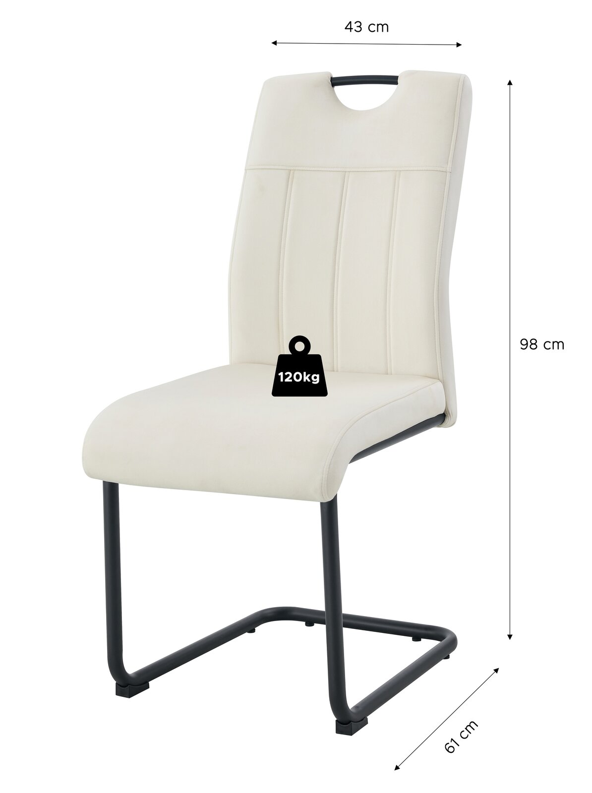 Cremeweißer Polsterstuhl mit schwarzem Freischwinger-Metallgestell und Tragegriff, Maße 98 x 43 x 61 cm, belastbar bis 120 kg, in schräger Frontansicht vor weißem Hintergrund