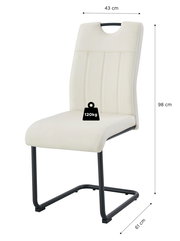 Cremeweißer Polsterstuhl mit schwarzem Freischwinger-Metallgestell und Tragegriff, Maße 98 x 43 x 61 cm, belastbar bis 120 kg, in schräger Frontansicht vor weißem Hintergrund